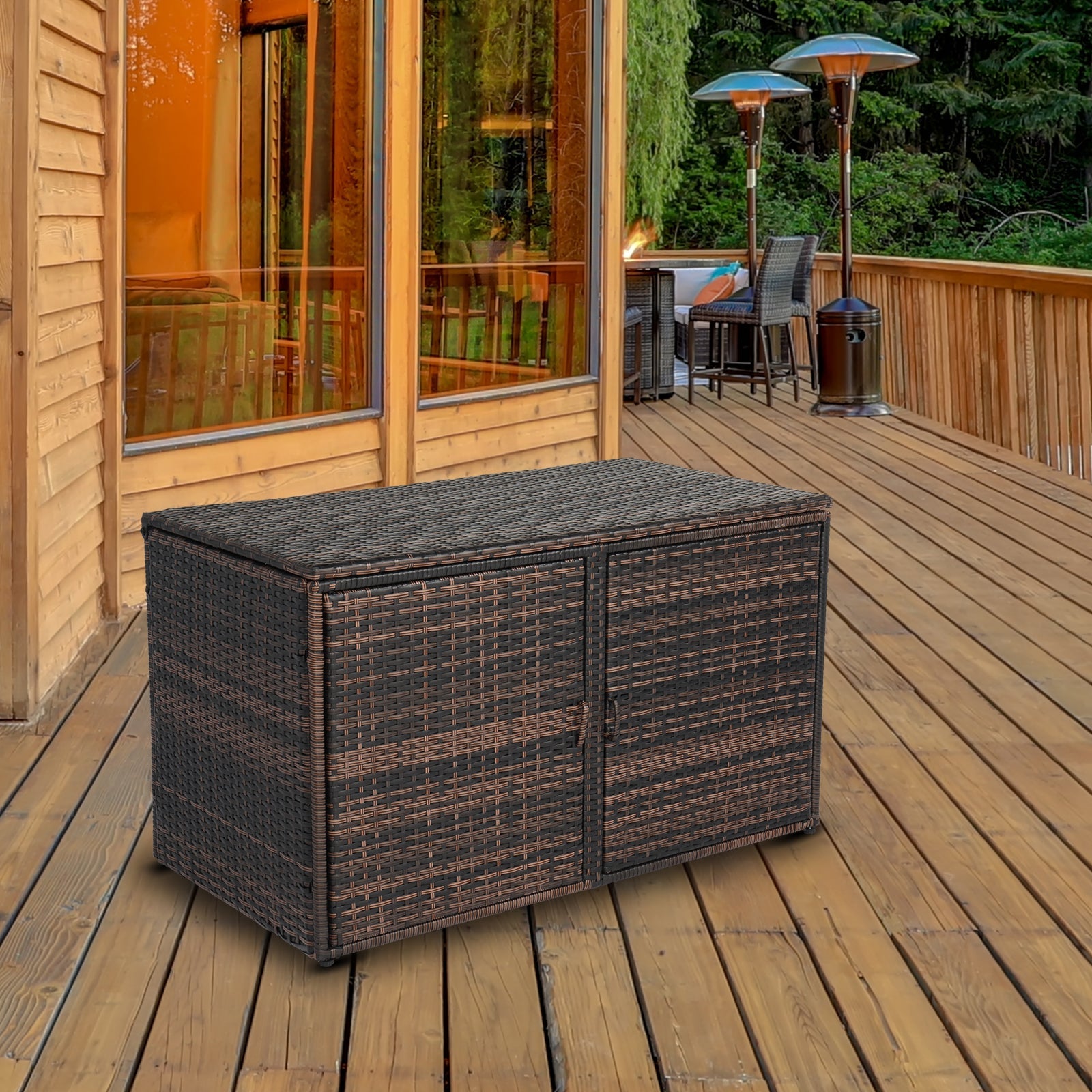 VINGLI 88 gallon Outdoor Rattan Deck Box w/ Openable Doors & 2 Shelves, Brown