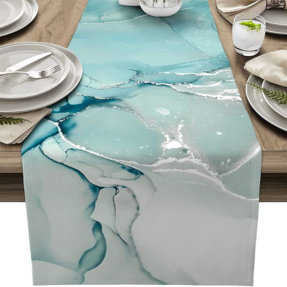 Marble Aqua Table Runner Teal Turquoise Table Runners for Dining Room Kitchen， Wedding， Holiday Party Table Decor 13x72