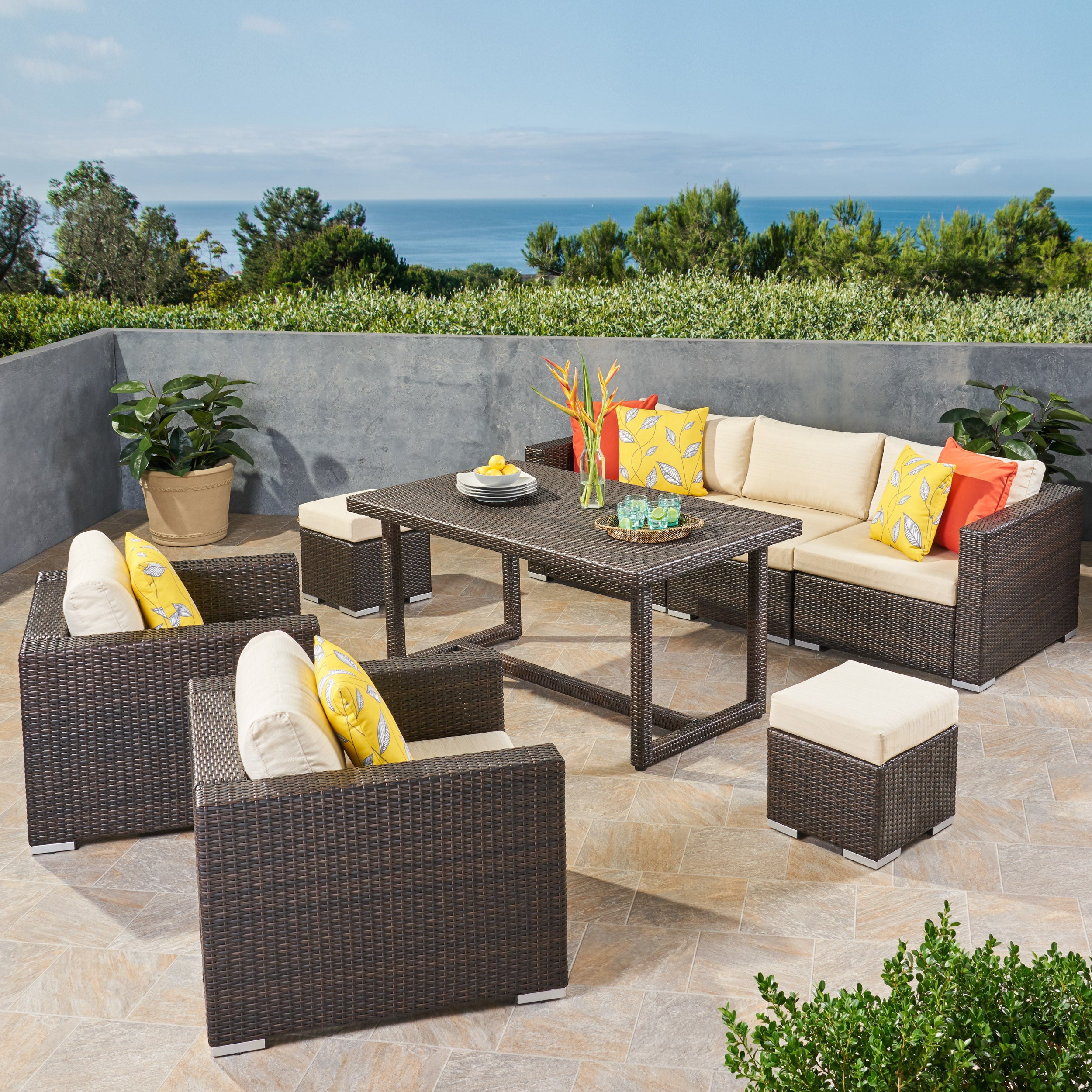 Valentina Outdoor 7 Seater Wicker and Aluminum Sofa Dining Set