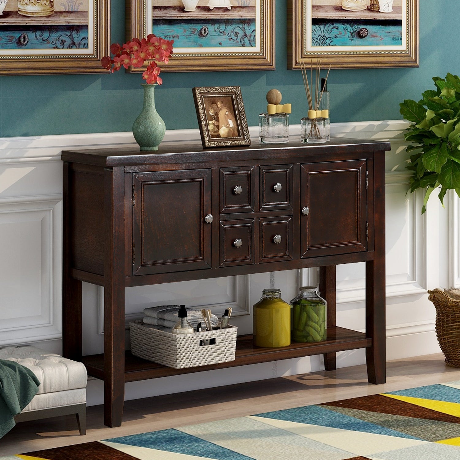 Wooden Console Table with 4 Storage Drawers and 2 Cabinets， Sofa Table with Bottom Shelf and Solid Wood Legs， Espresso