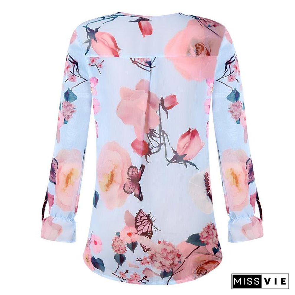 Floral Breeze V-Neck Buttons Long Sleeves Shirt Top