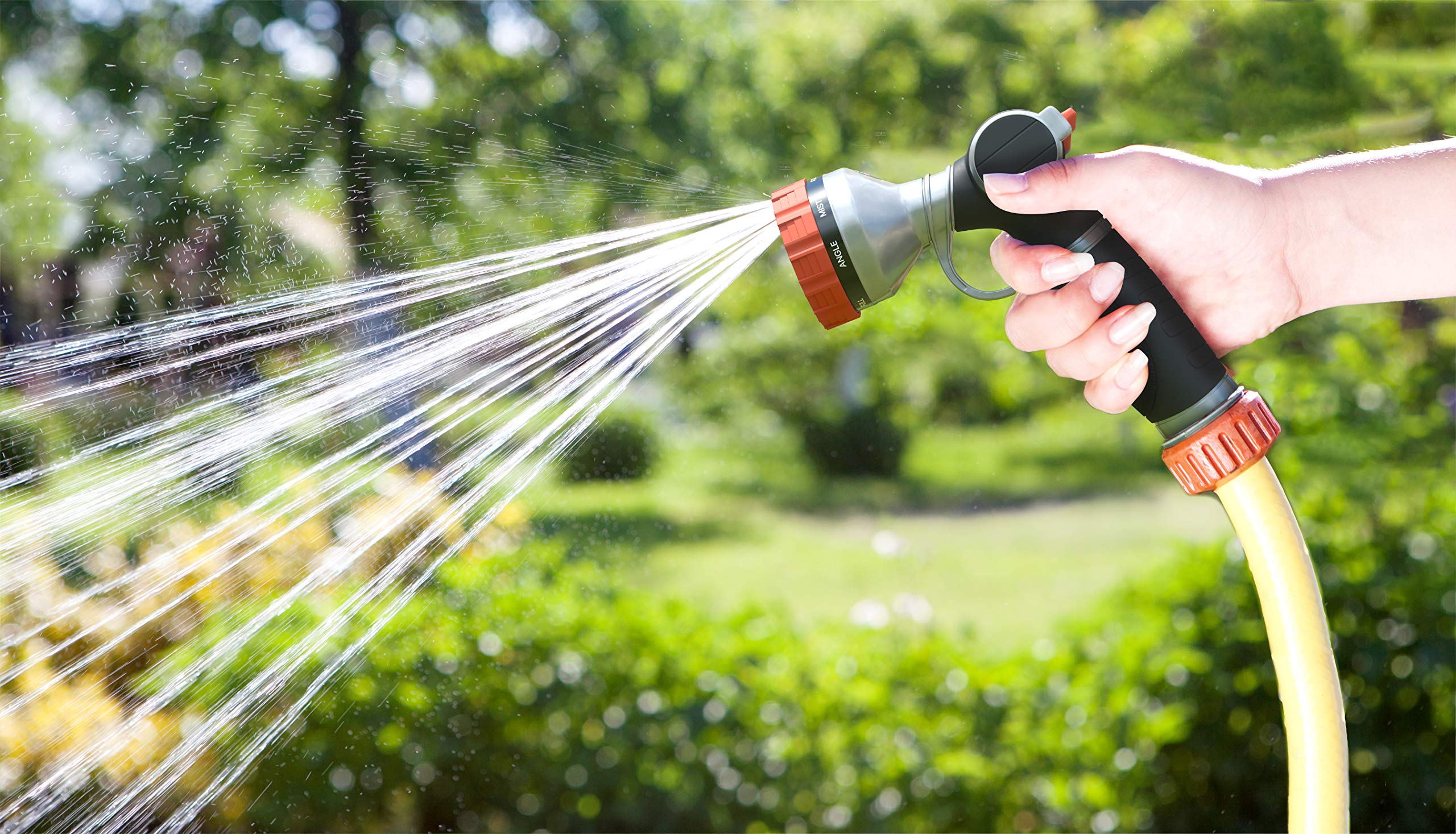 Sleek Garden Heavy Duty Garden Hose Nozzle Hand Sprayer with 9 Adjustable Spray Patterns， Red