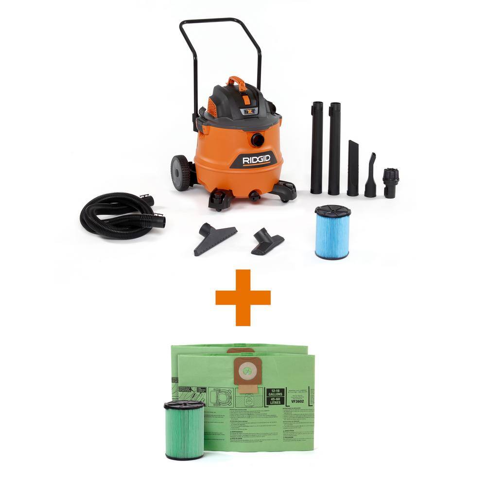 RIDGID 16 Gallon 6.5 Peak HP NXT WetDry Shop Vacuum Fine Dust Filter Locking Hose Accessories OSHA and HEPA Filtration Kit HD1800A