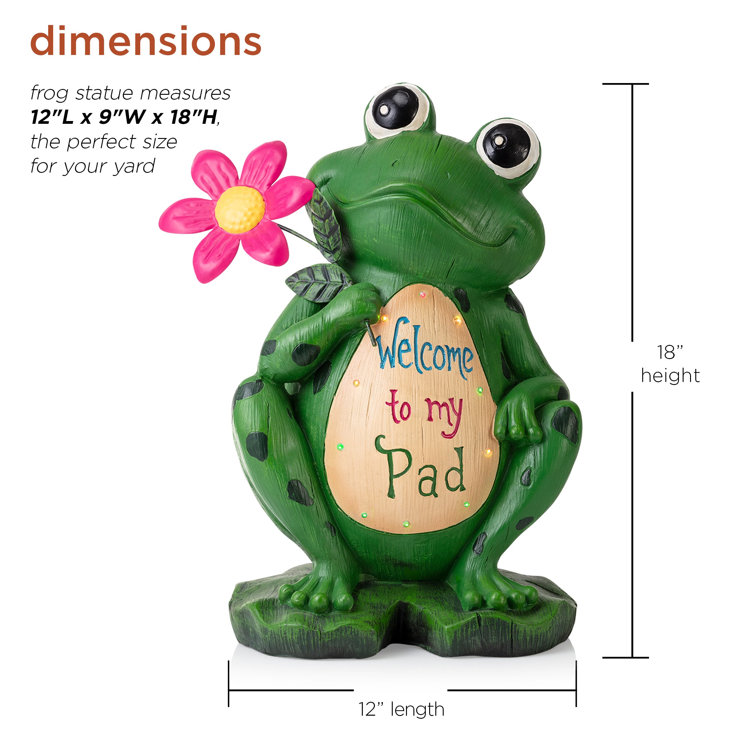 Alpine Corporation 12" x 9" x 18" Polyresin Lighted Welcome Frog Garden Statue, Green/Pink