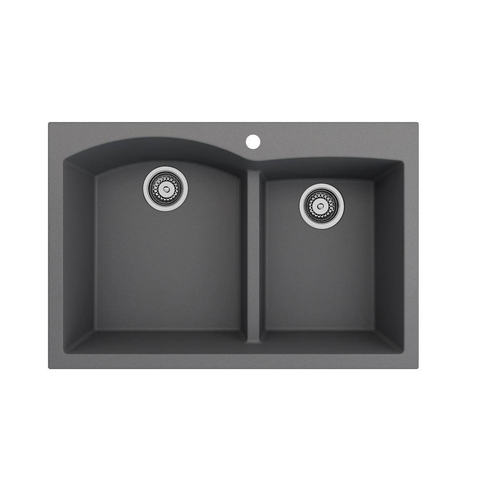 BOCCHI Campino Duo Concrete Gray Granite Composite 33 in. 6040 Double Bowl Drop-InUndermount Kitchen Sink with Faucet 1602-506-2019SS