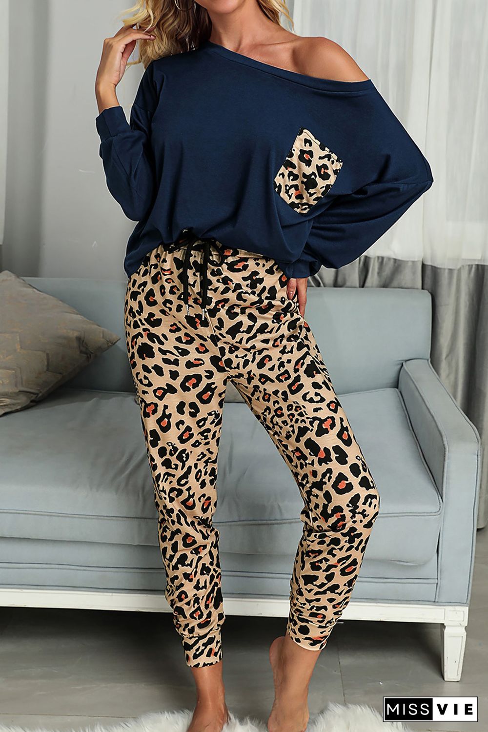 Blue Casual Long Sleeve Leopard Pants Loungewear Set