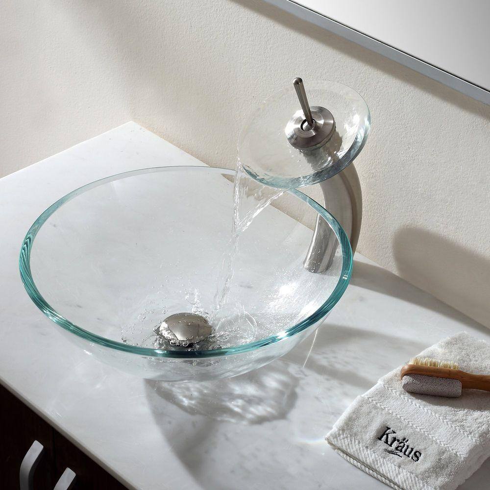 KRAUS Glass Vessel Sink in Crystal Clear with Waterfall Faucet in Satin Nickel C-GV-100-12mm-10SN