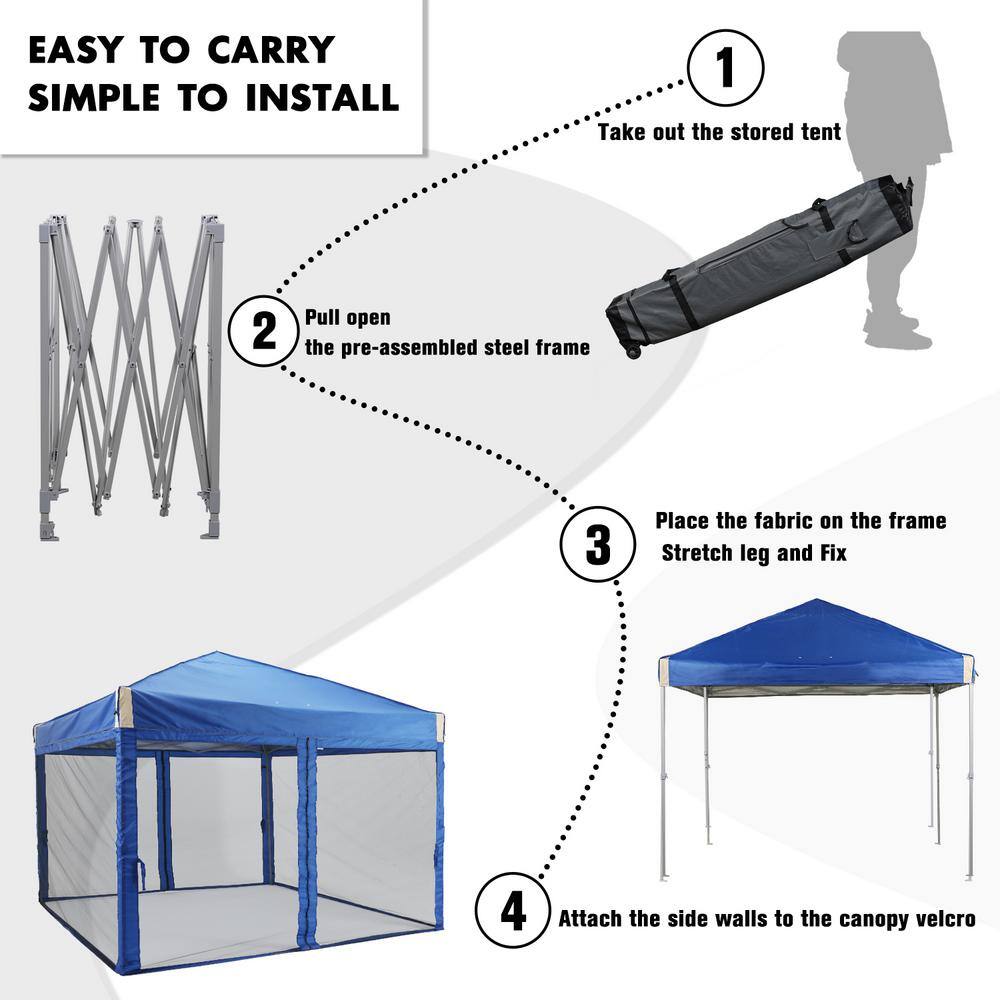 Aoodor 10 ft. x 10 ft. Pop Up Canopy Tent with Removable Mesh Sidewallwith Roller Bag-Blue 800-152-BL-N