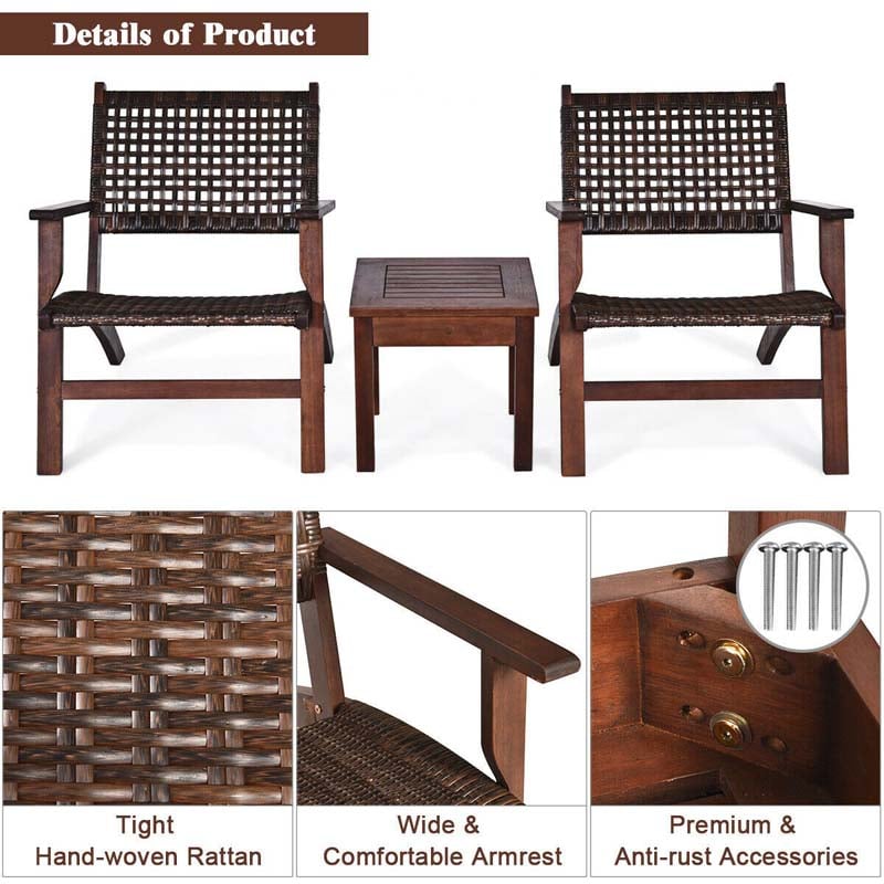 3 Pcs Rattan Wooden Outdoor Table & Chair Set Patio Bistro Conversation Set