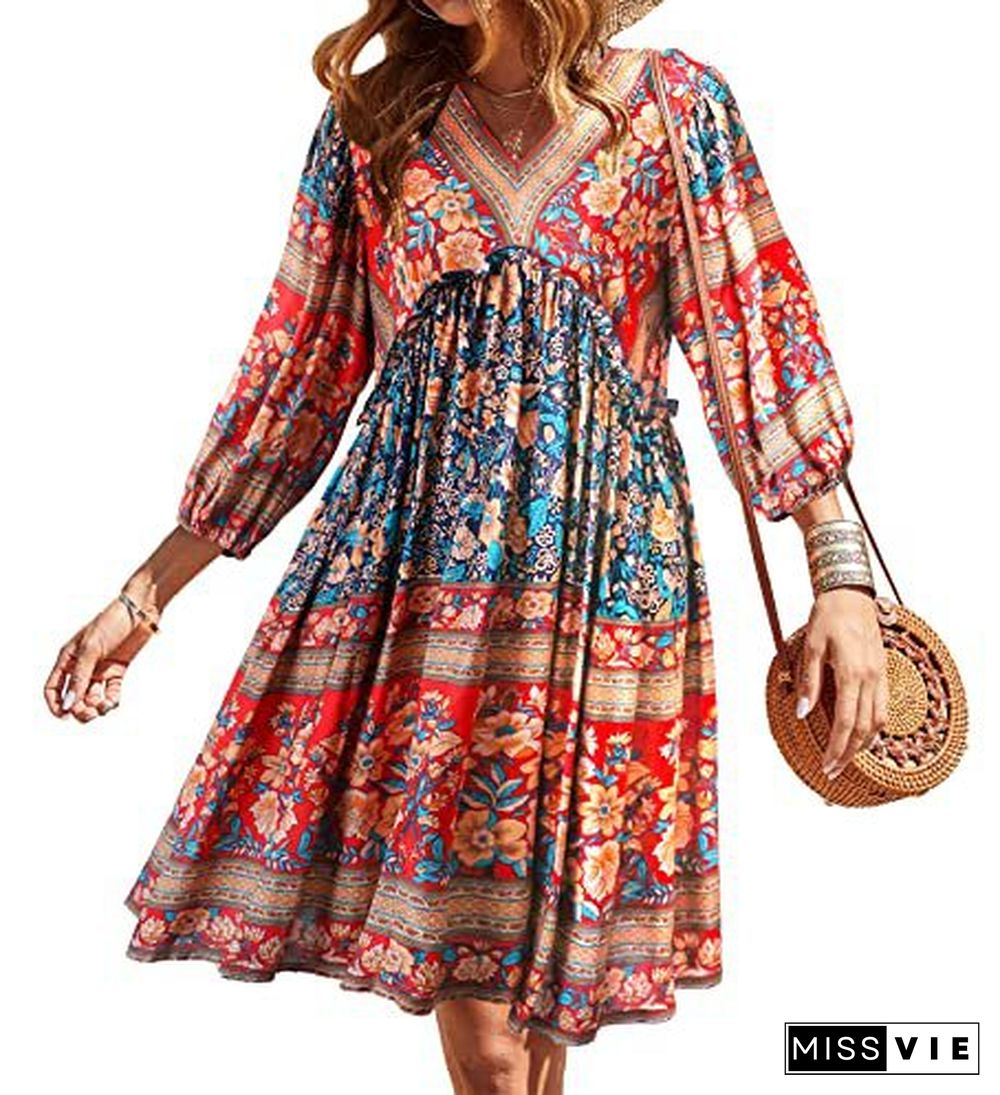 Bohemian Print V-neck Bubble Sleeve Big Swing National Style Dress Women's Wear