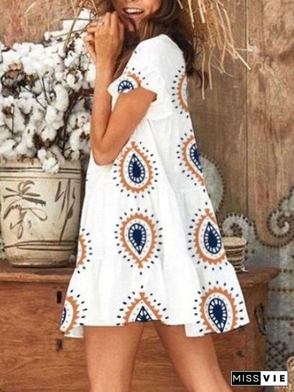 Boho Print Round Neck Puff Sleeve Mini Dress P10327