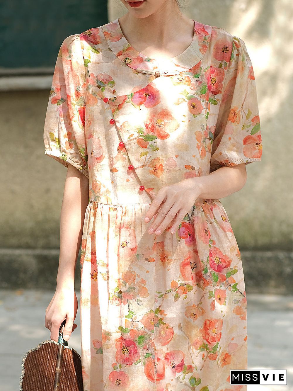 Plus Size Women Vintage Summer Floral Button Loose Ramie Dress