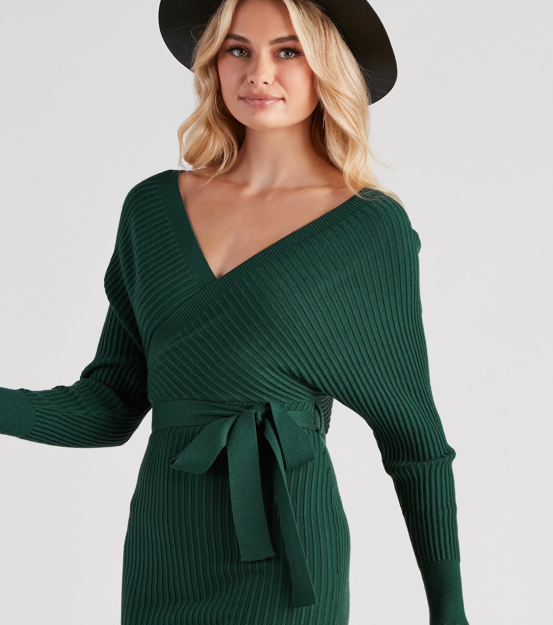 Ribbed Knit Tie-Front Mini Sweater Dress