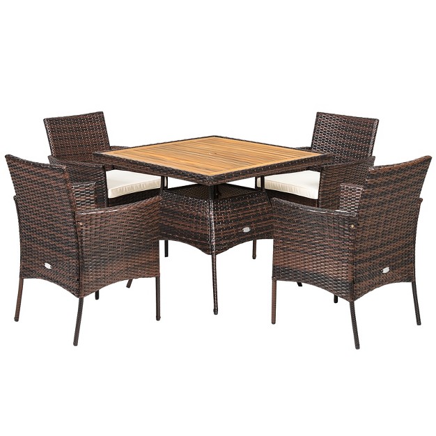 Tangkula Patio Rattan Conversation Set Outdoor Dining Table amp Armchair Set W cushions amp Umbrella Hole