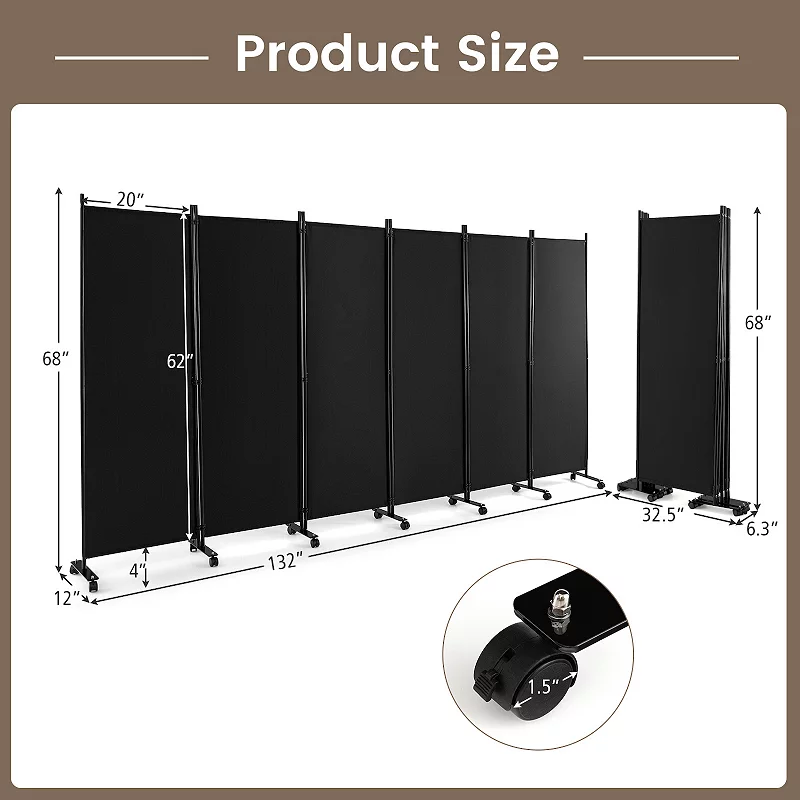 6 Panel 5.7 Feet Tall Rolling Room Divider on Wheels