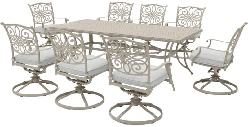 Hanover Traditions 9-Piece Outdoor Dining Set In Sand/Beige With 8 Swivel Rockers， 42and#215;84 Cast Table