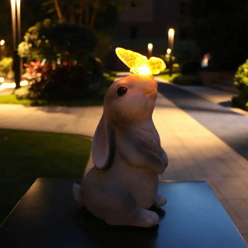 Solar Outdoor Garden Statueswith Light Balcony Yard Lawn Garden Decor Supplies Rabbit with Illuminated Butterfly Craft Ornament