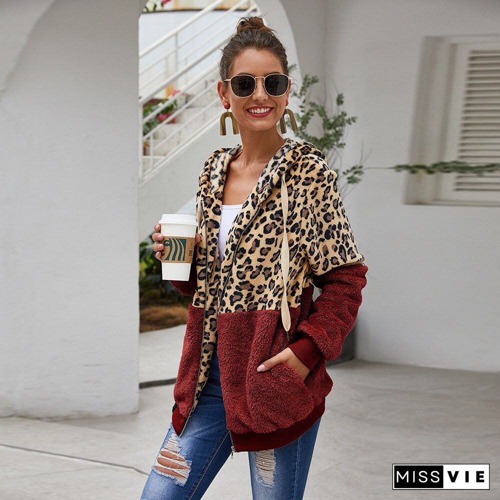 Autumn Winter Women Sweatshirt Hooded Leopard Hoodies Casual Zipper Long Sleeve Hoodie Fashion Velvet Tops Warm Coat Streetwear