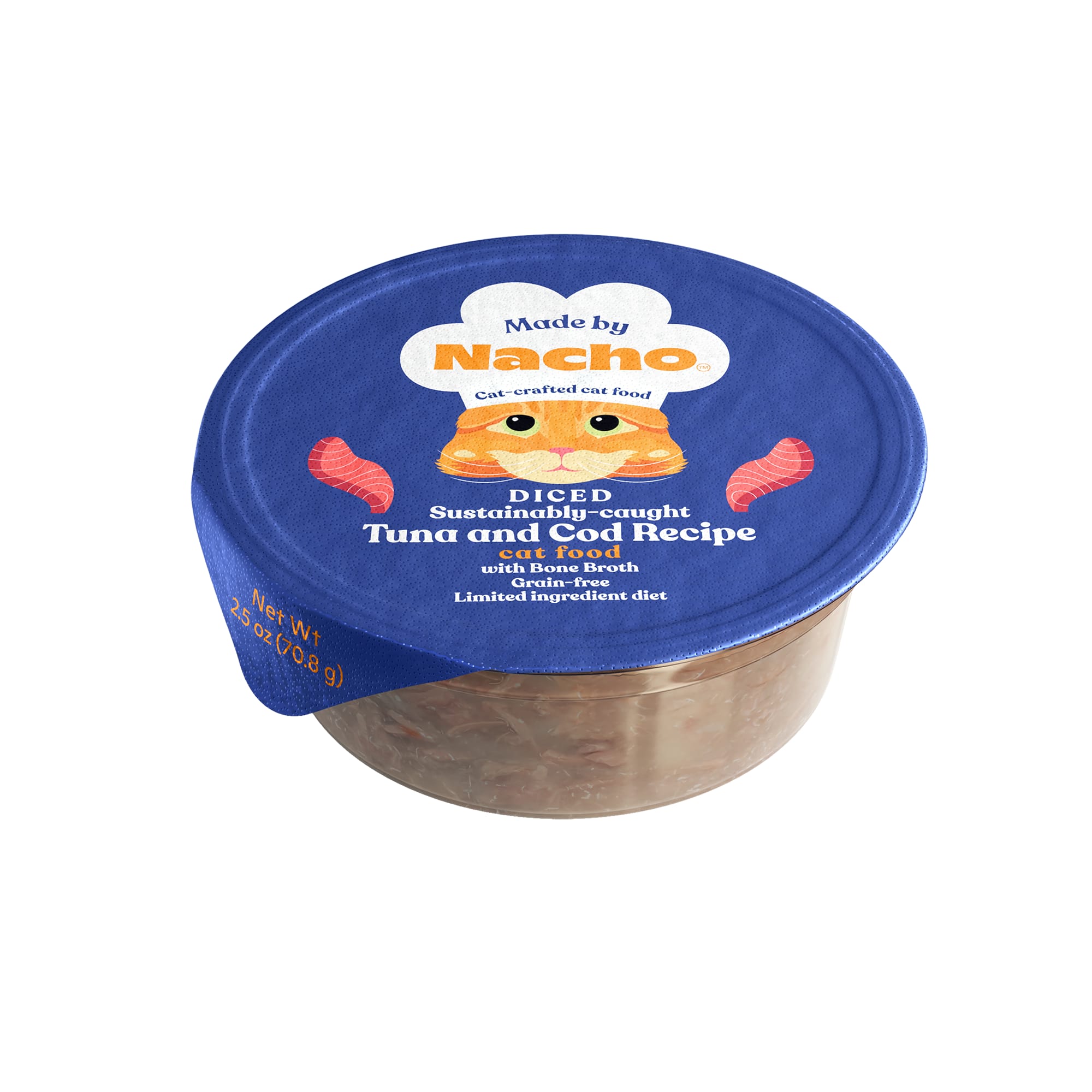 MADE BY NACHO Grain-Free Sustainably Caught Diced Tuna amp; Cod Recipe with Bone Broth Cat Food， 2.5 oz.