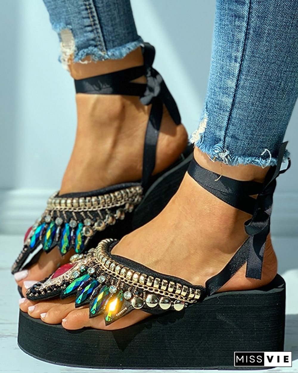 Studded Rhinestone Toe Post Wedge Sandals