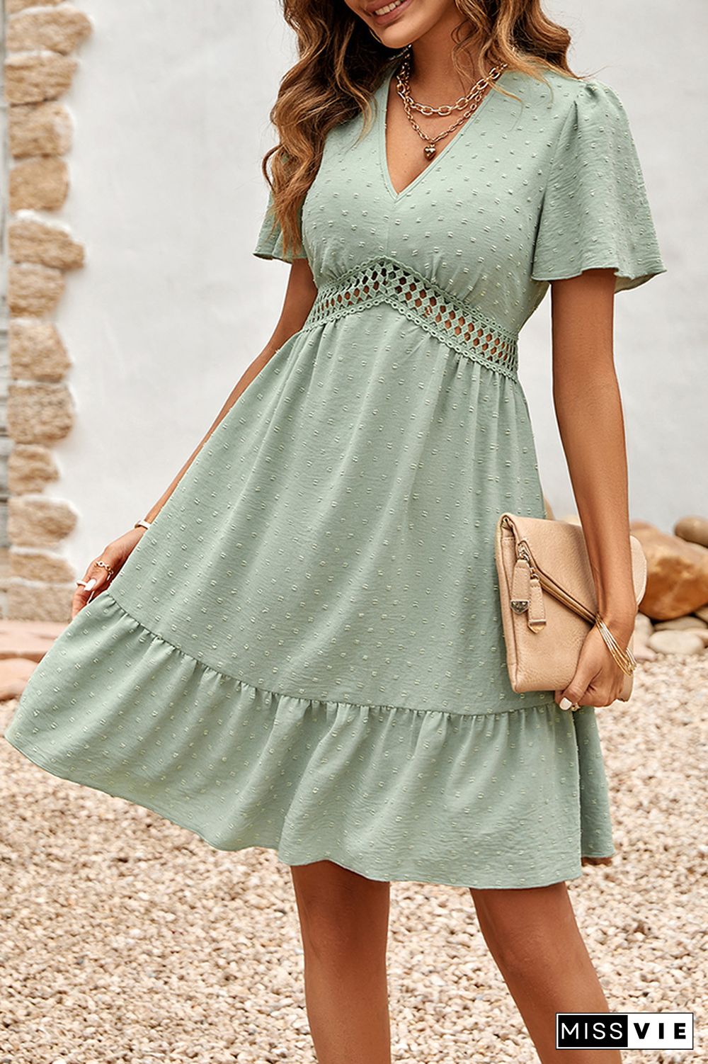 V Neck Swiss Dot Texture Lace Splicing High Waist Dress