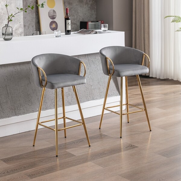 30 Inch Set of 2 Bar Stools with Chrome Footrest and Base Velvet and Golden Leg Simple Bar Stool for Kitchen