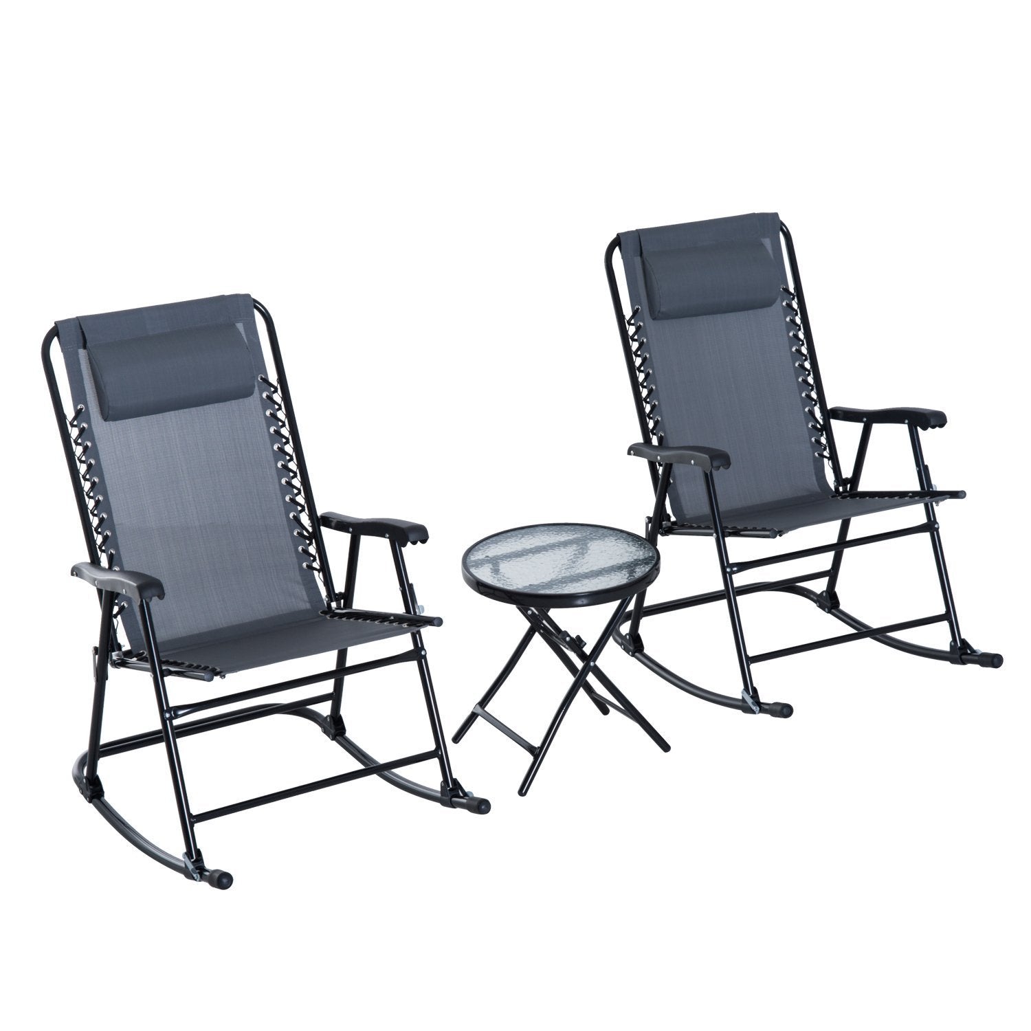 ametoys Outdoor Folding Rocking Chair Patio Table Seating Set, 2 Rocking Chairs with Armrests and 1 Side Table with Tempered Glass - Grey