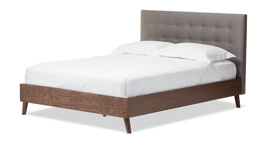 Baxton Studio Alinia Gray Fabric Upholstered Walnut Queen Size Platform Bed