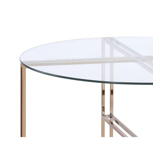 Coffee Table with X Shaped Metal Base and Round Glass Top， Gold