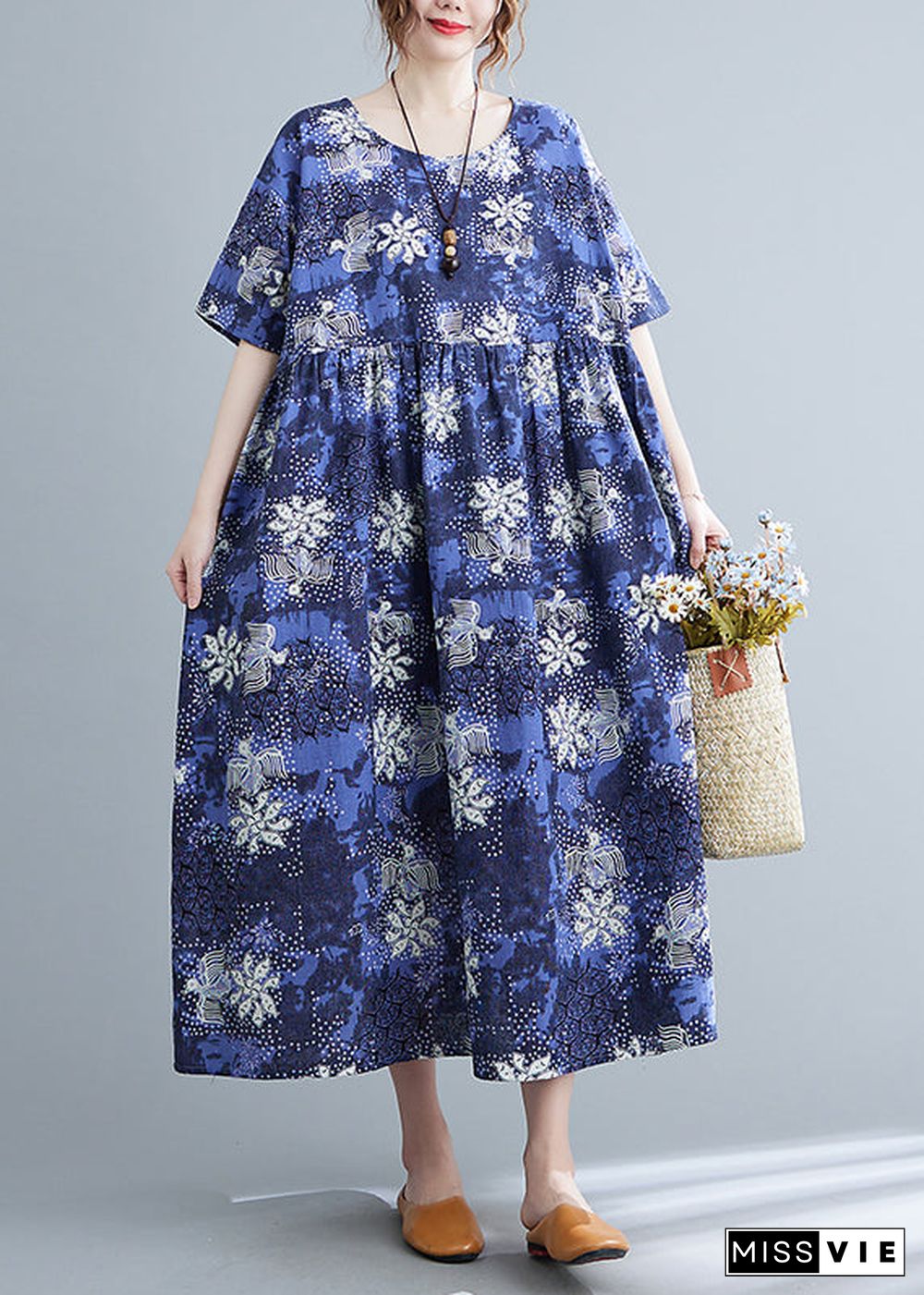 Italian Blue O-Neck Cinched Print Maxi Dresses Short Sleeve