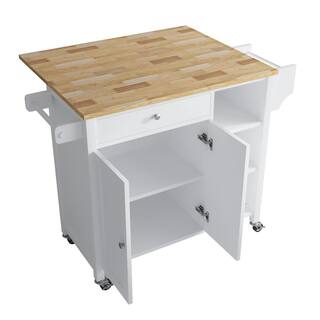 Whatseaso White Wood 39.37 in. W Kitchen Island with Double Doors Lockable-Wheels and Towel Rack FEB23081002KI