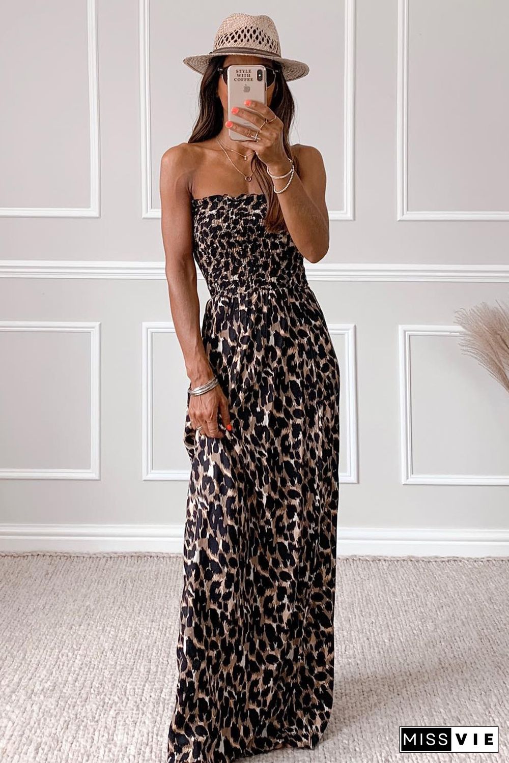 Leopard Smocked Bodice Strapless Maxi Dress