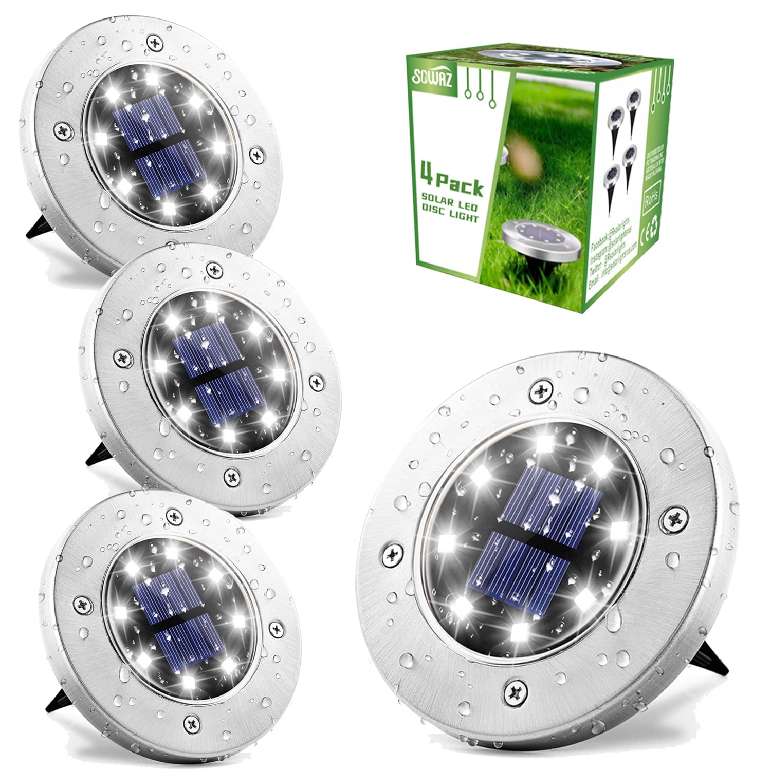 SOWAZ Solar Ground Lights,8 Leds Solar Disk Lights Powered, Waterproof Garden Pathway Outdoor in-Ground Lights for Yard, Deck, Lawn, Patio and Walkway (4 Pack) (White)