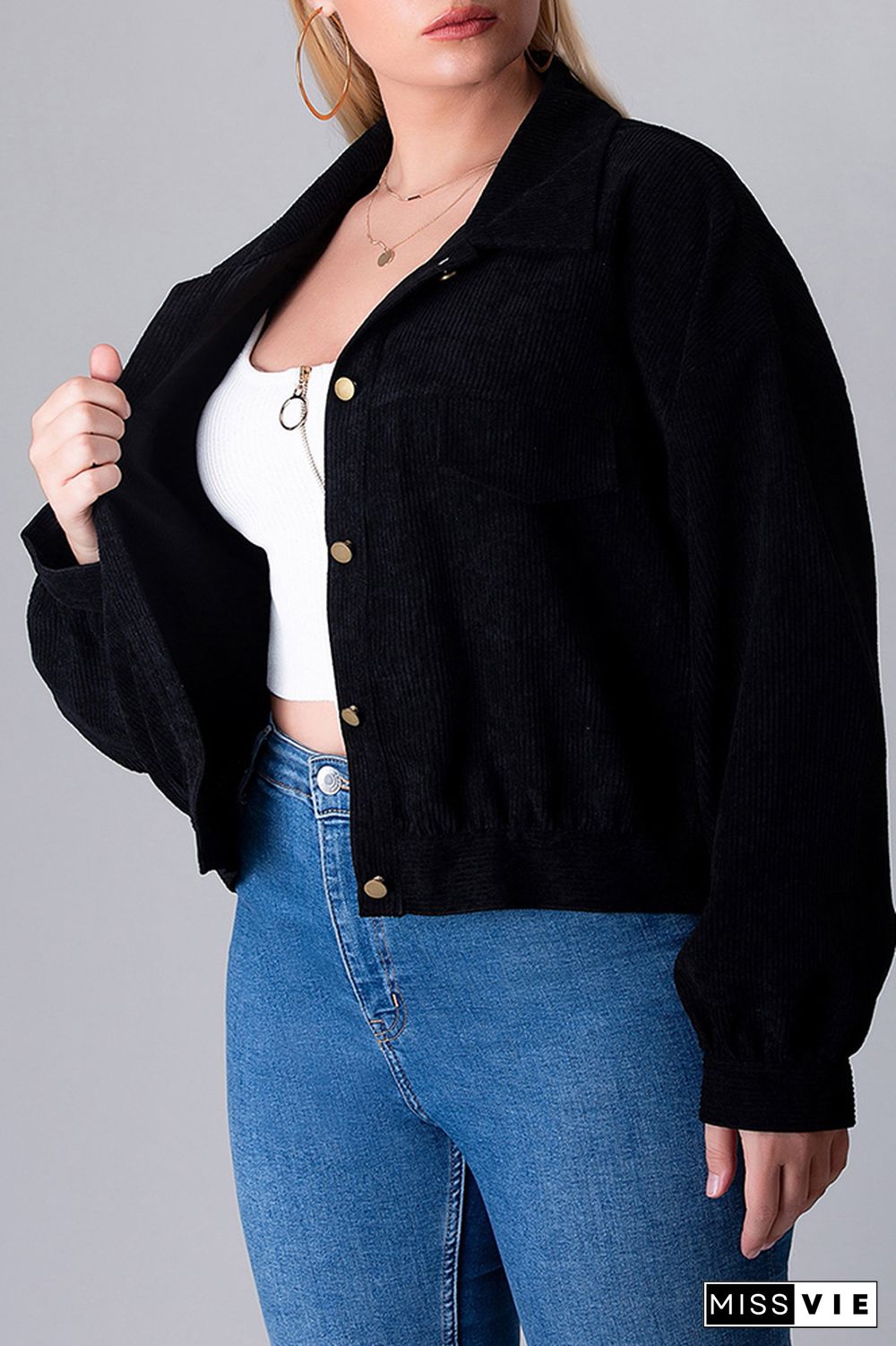 Plus Size Plain Button Short Jacket