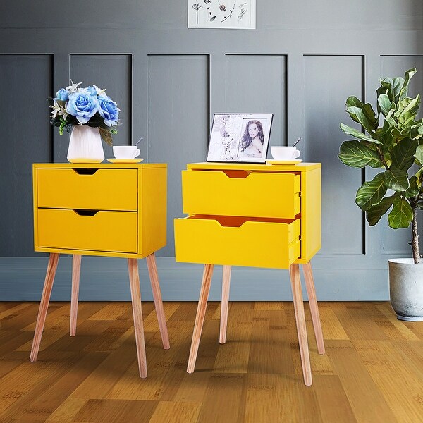 Mid-Century Nightstand with 2 Sliding Drawers， Wood Sofa Side Table， Modern End Table for iving Room Bedroom， Set of 2