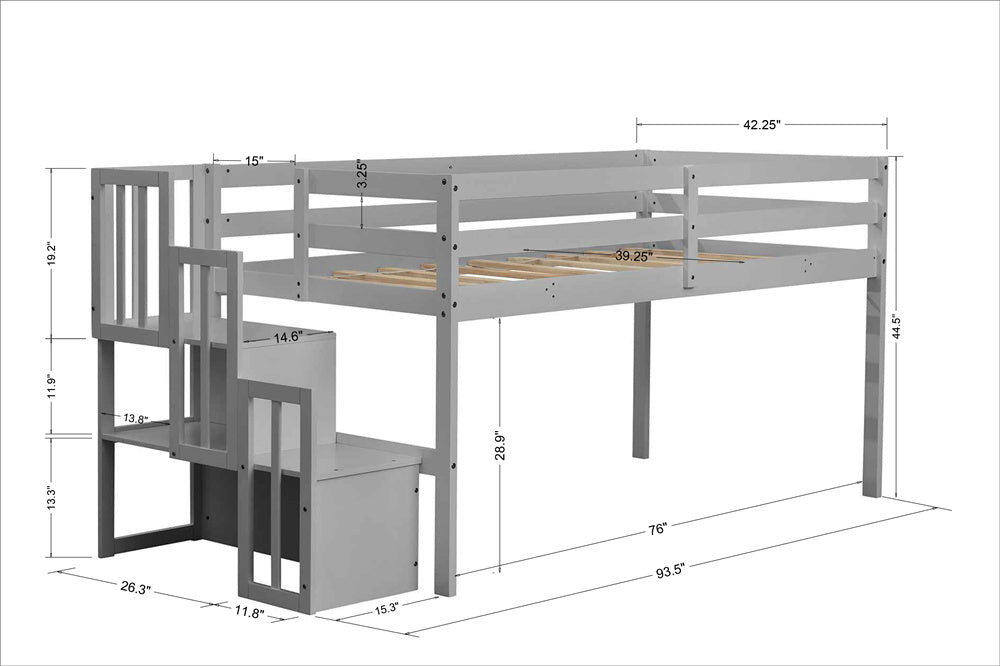 Twin Loft Bed with Stairs and Storage, Wood Loft Bed for Kids/Teens/Child's Room, 44.5 inches Tall, No Box Spring Needed (Gray)