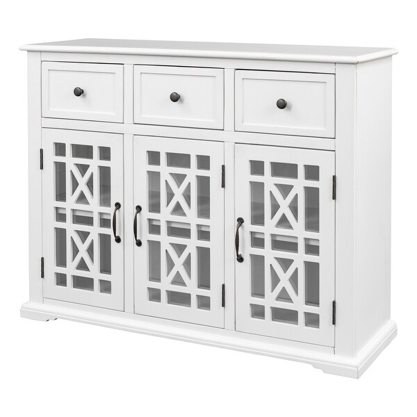 Wood Storage Cabinet with 3 Glass Doors， 3 Drawers and Interior Shelf Large Storage Space， Entryway Kitchen Dining Room