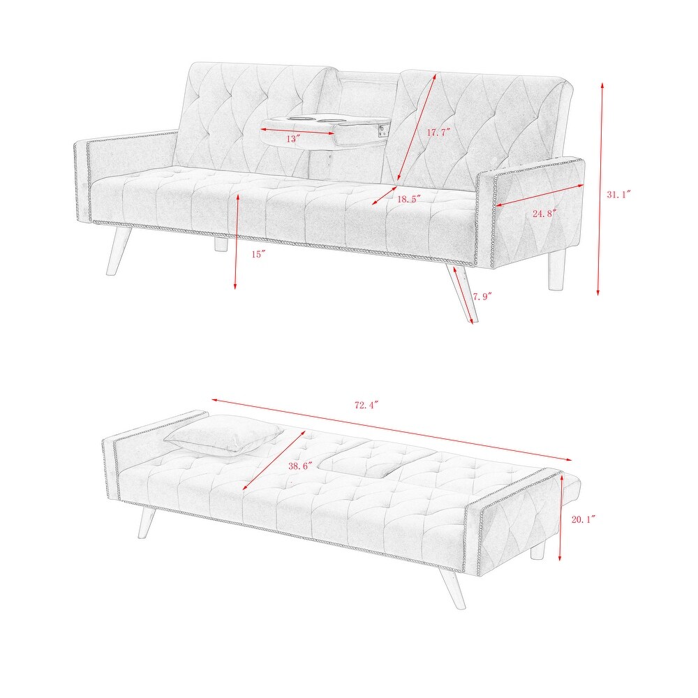 Modern Tufted Back Sofa Velvet Sleeper Sofa Bed Livingroom Adjustable Back Sofa Bed with Nail Head Trim   2 Cup Holders