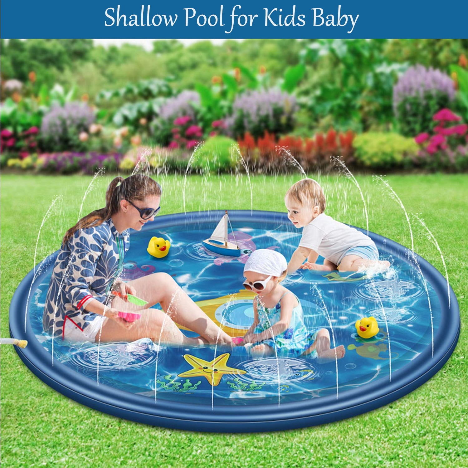 Splash Pad Sprinkler for Kids, Y2Konexi 68" Outdoor Backyard Toys Wading Pool, Dog Sprinkler Pool, Inflatable Water Summer Toys Play Mat for Babies & Toddlers - Navy Blue