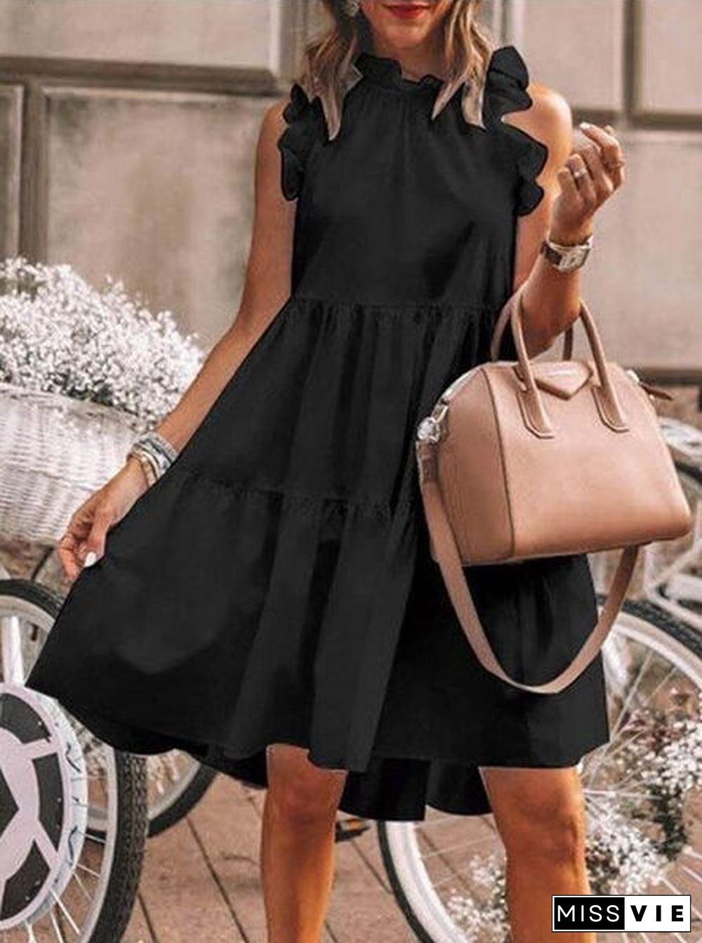 Casual Loose Sleeveless Solid Color Large Round Neck Long Dress