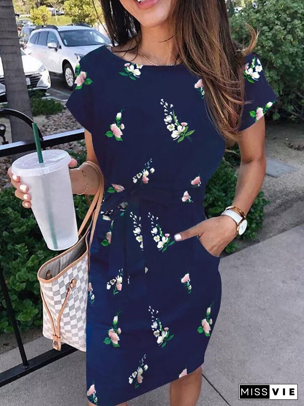 Summer Lady Fashion Floral Printed A Line Dress Casual O Neck Short Sleeve Mini Dress Women New Loose Waist Lace Up Dress