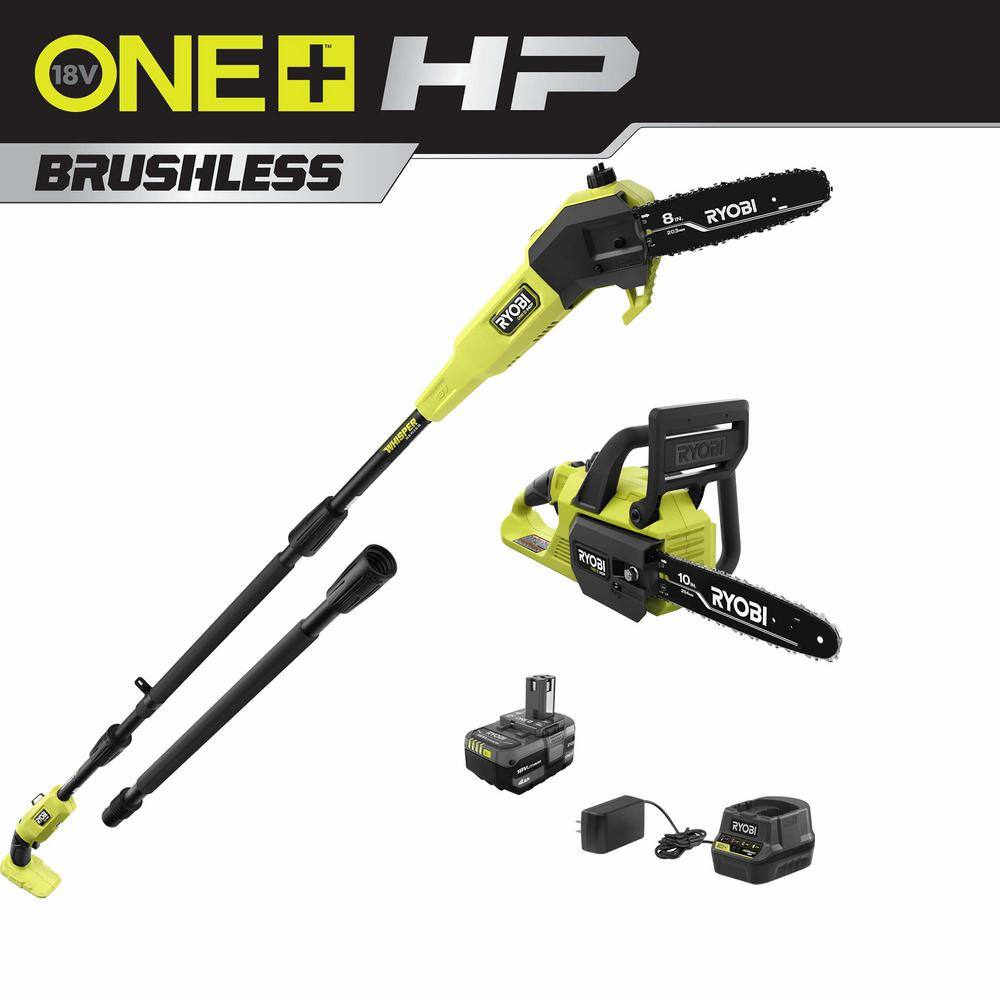 RYOBI ONE+ HP 18V Cordless 10 in. Chainsaw and Whisper Series 8 in. Pole Saw with 4.0 Ah Battery and Charger P2520-PS