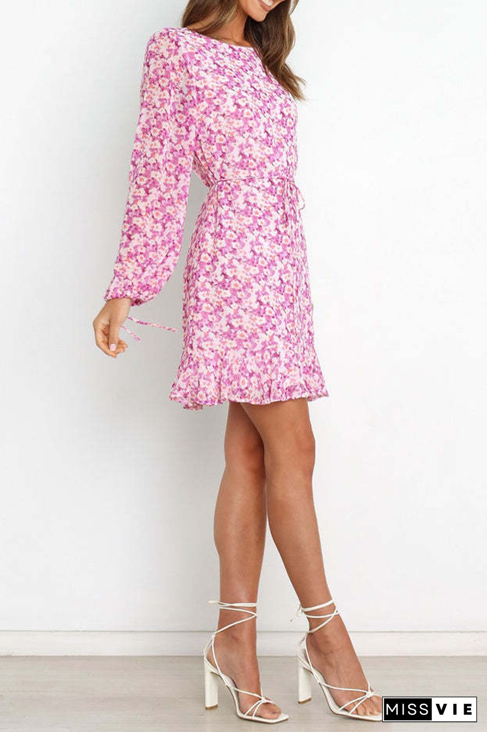 Pink Long Sleeve Flower Print Ruffle Dress