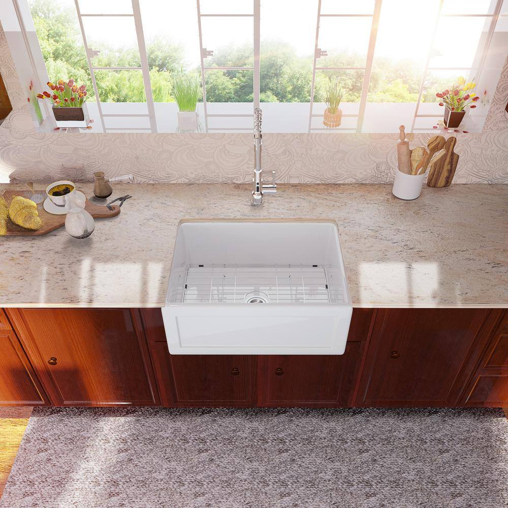 LORDEAR White Fireclay 24 in. Single Bowl Farmhouse Apron Kitchen Sink with Bottom Grid LD-LAW2418R1