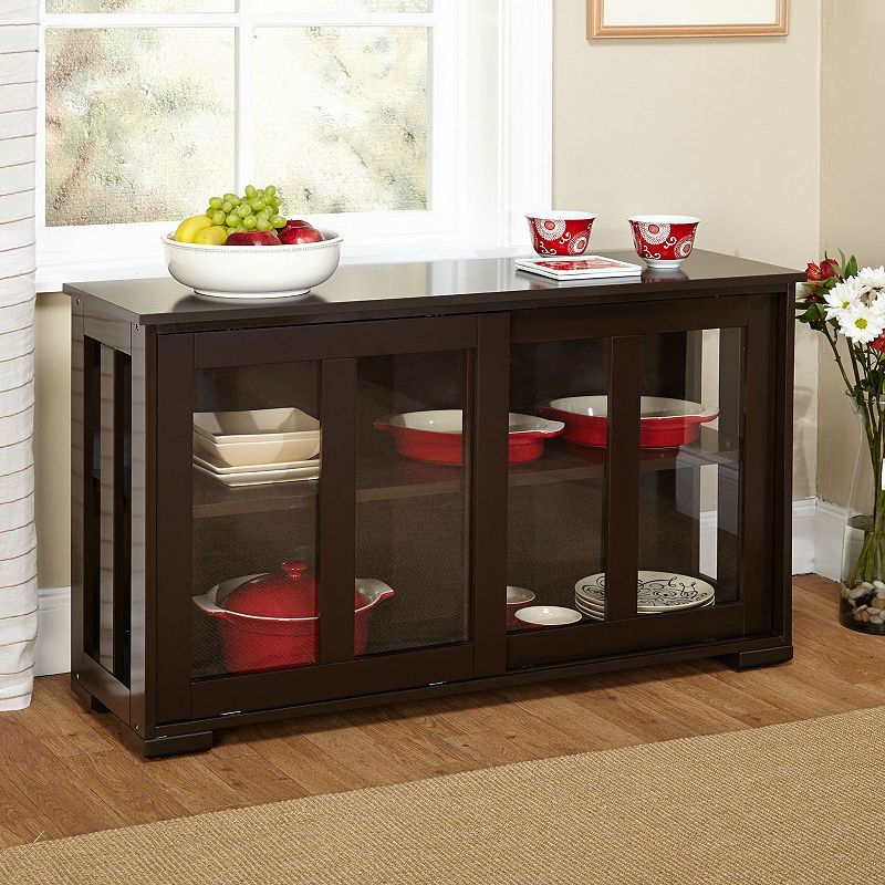 Espresso Sideboard Buffet Dining Kitchen Cabinet With 2 Glass Sliding Doors