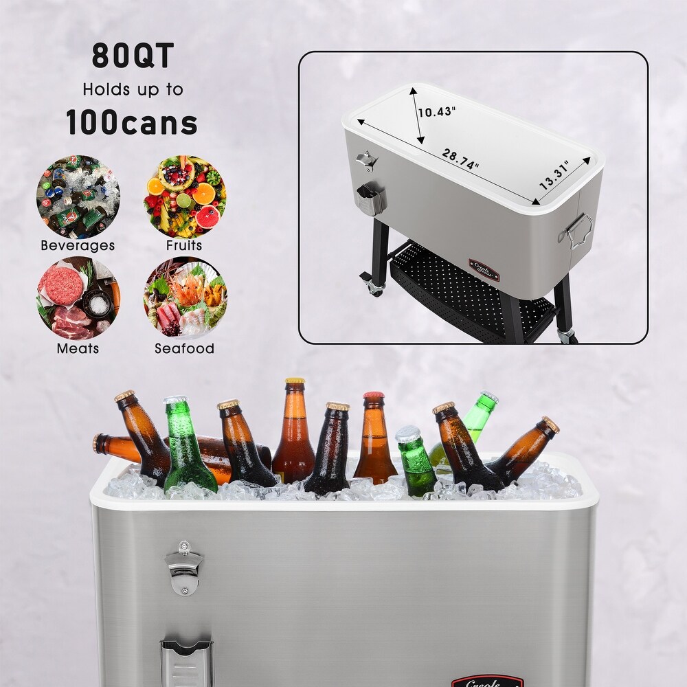 Creole Feast CL8001S 80 Quart Portable Cold Drink Beverage Premium Rolling Cooler  Silver
