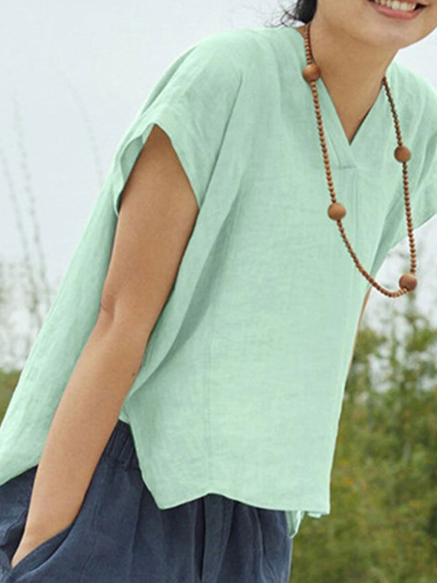 V-neck Casual Loose Solid Color Short-sleeved Blouse