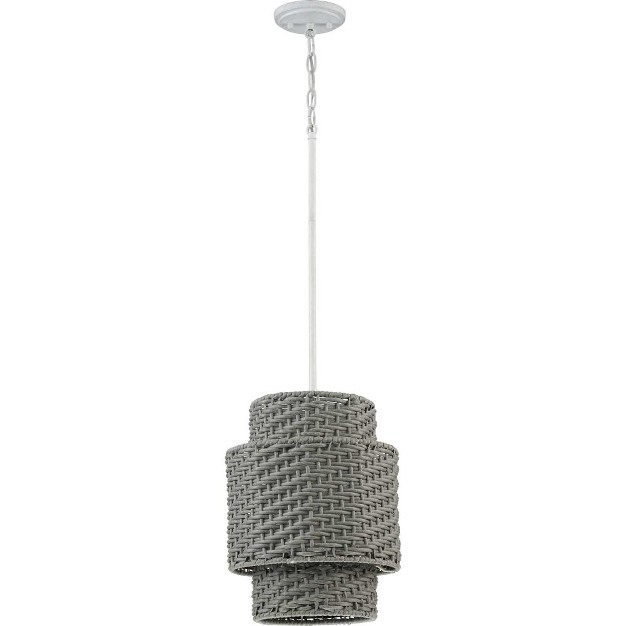 Progress Lighting Manteo 1 light Outdoor Hanging Pendant Weathered Grey Rattan White Etched Shade