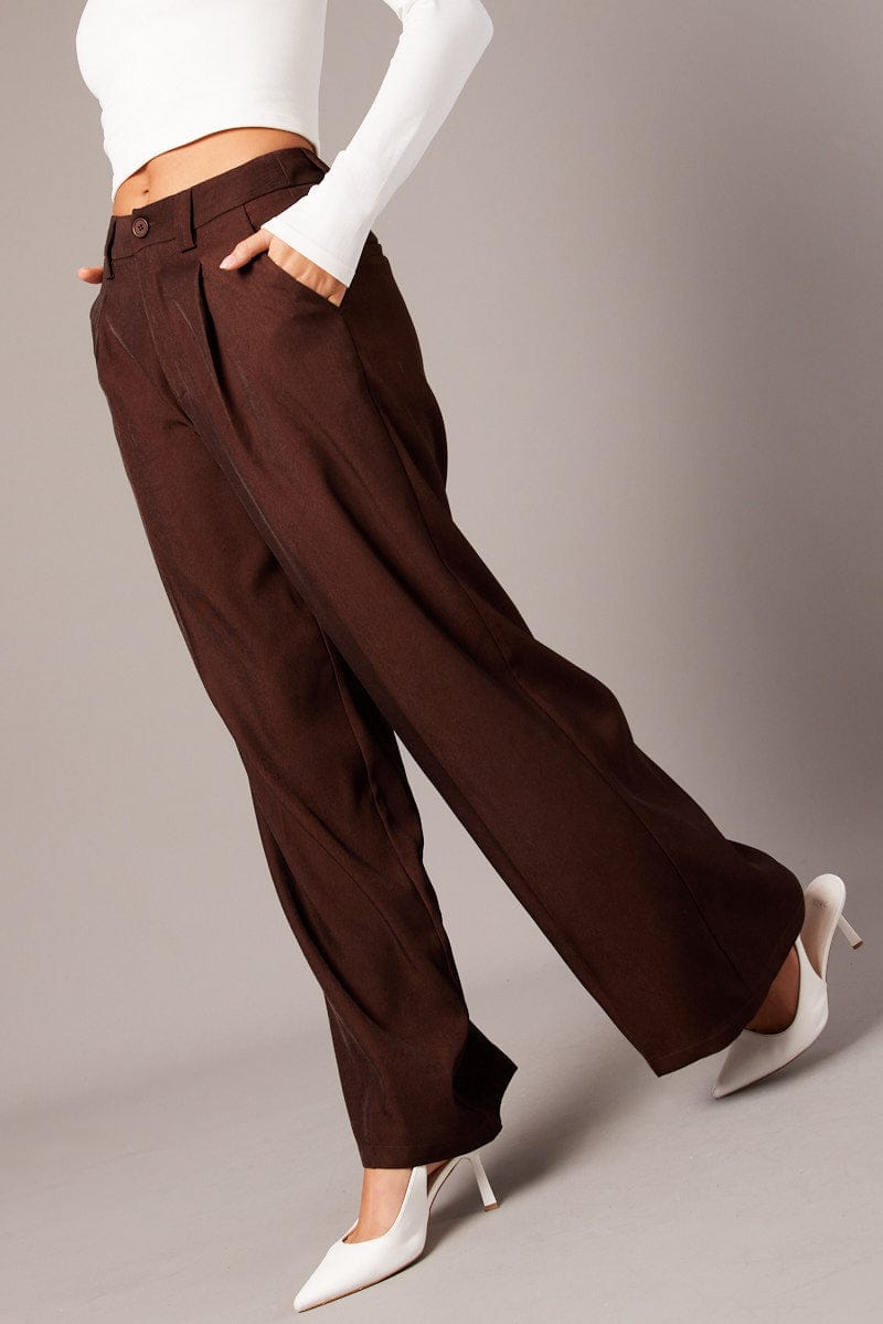Brown Wide Leg Pants High Rise