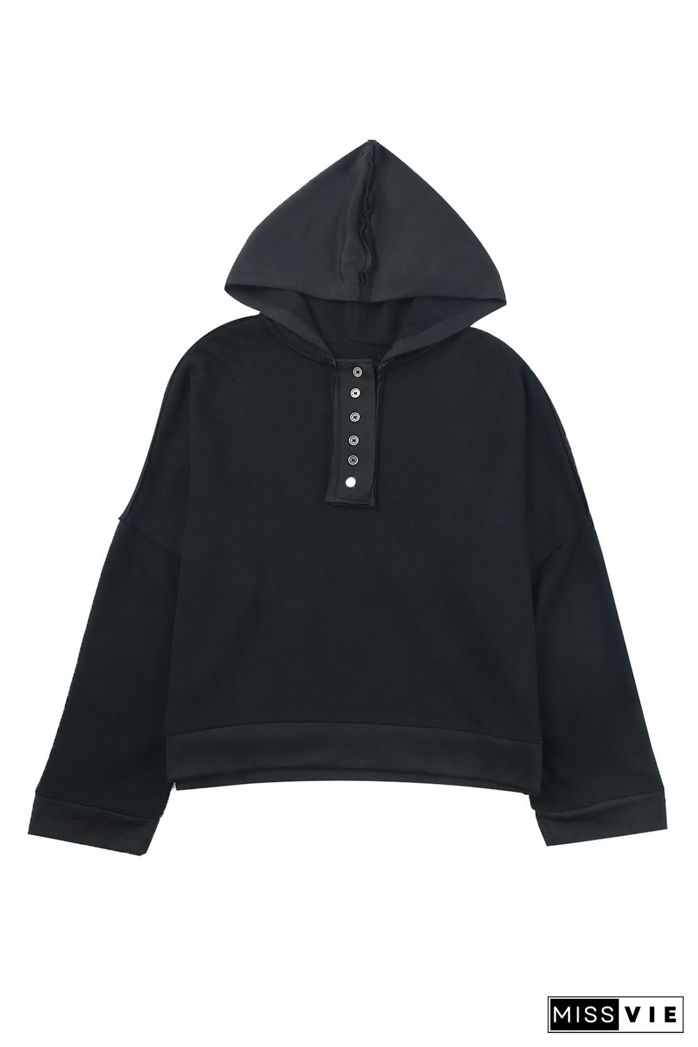 Black Casual Button Solid Patchwork Trim Hoodie